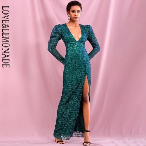 LOVE & LEMONADE Sexy Deep Green V-Neck Bubble Long Sleeve Whit Split Glitter Glue Material Party Maxi Dress LM82256