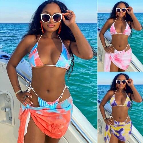 2021 newest arrival Women Three-piece Swimming Clothes Set Tie-dyed Printed Pattern Bikini Tops Shorts and Beach Blouse