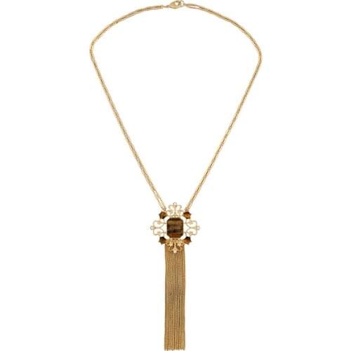 Bulk Price Women Fashion Sweater Chain Necklace Antique Gold Color Cross Pattern Brown Long Tassel Necklace Pendant For India