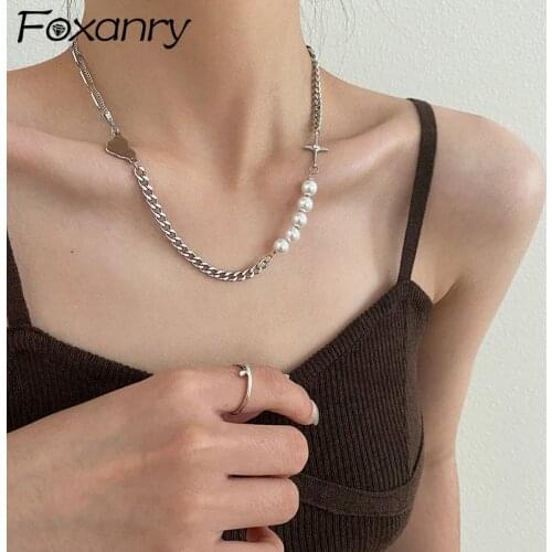 Foxanry 925 Sterling Silver Clavicle Chain Necklace 2021 Trend Hip Hop Vintage Unique Sweet Design Pearl Party Jewelry Love Gift