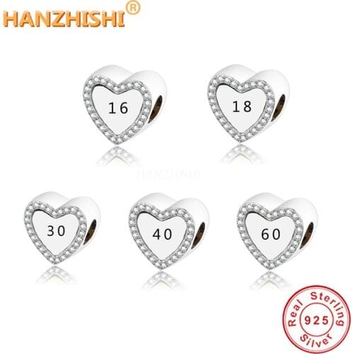 925 Sterling Silver Heart Bead Engraved16 18 30 40 60 Charms For Original Pandora Charm Bracelet Necklace Women Jewelry Berloque