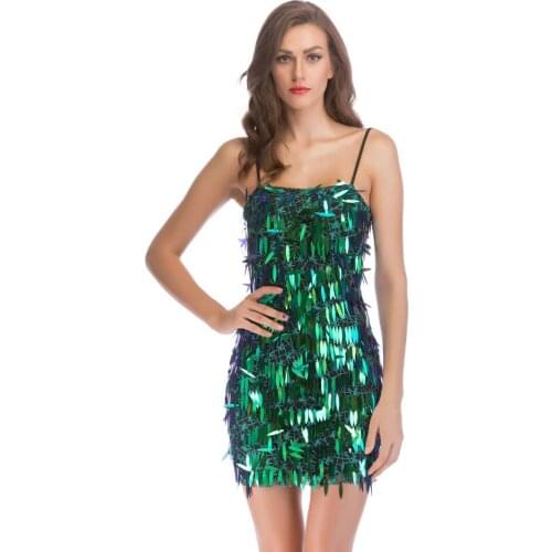 Sexy Clubwear Women Fashion Green Backless Sequin Mini Dress Summer Spaghetti Strap Bodycon Dresses