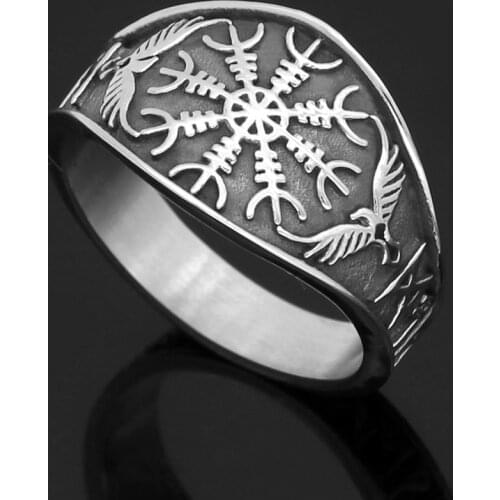 Nordic viking odin symbol Raven Rune Vegvisir Stainless steel Ring With Valknut Gift Bag