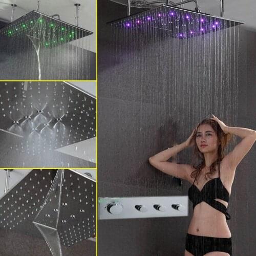 Modern LED Bathroom Faucet Set 24 Inch Glow Shower Head Extension Arm In Wall 3Way Shower Diverter Valve Thermostatic Bath Mixer