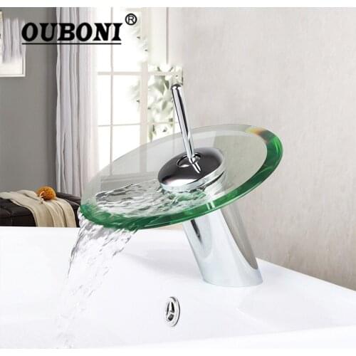 OUBONI Glass Waterfall Faucet Glass Basin Faucet Chrome Brass Bathroom Mixer Tap Deck Mount Basin Sink Mixer Tap Water Mixer Tap