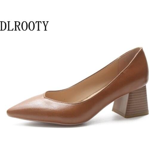 Women Pumps High Heels Shoes Casual Shallow Pointed Toe Thick Heels Solid Walking Spring Fashion Slip On Work Comfortable