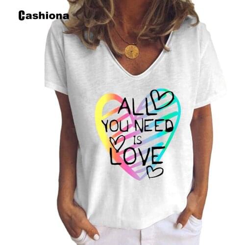 Cashiona Women Elegant Leisure Casual T-shirt Love Letter Print Loose Plus size 3xl Femme Tops 2021 Summer V-neck Tees shirt