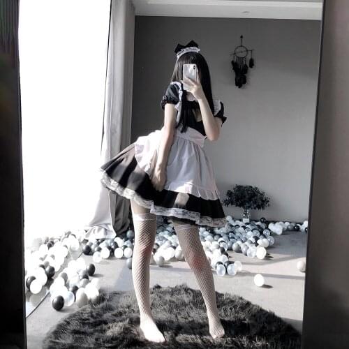 Women Sexy Maid Cosplay Anime Black White Lolita Doll Collar Hollow Out Lace ALine Dress With Apron Halloween Costume Erotic Set