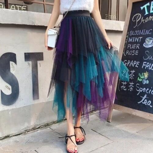 2021 New Summer Vintage Tulle Skirt Women Elastic High Waist Mesh Skirt Autumn Long Pleated Irregular Skirts Female NZ032