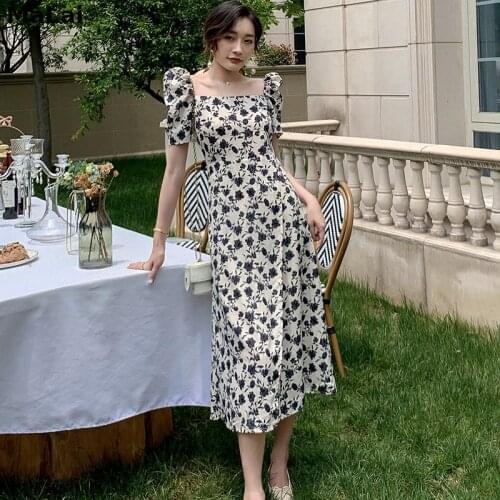 Women Long Slim Floral Dress Summer 2021 Runway Vintage Korean Retro Party Dress Boho Tropical Beach Vacation One Piece Dress