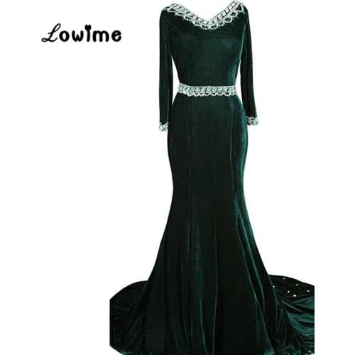 Plus Size Velvet Evening Dress Formal Women Party Gown Mermaid Long Sleeves With Bedaed Crystals Prom Dresses Vestido Longo