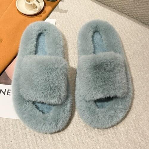 2021 Winter Women Furry Slippers Fashion Faux Fur Warm Shoes Women Slip on Flats Female Home Slides Black Plush Outdoor Shoes