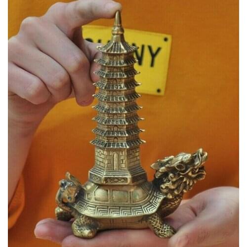 6"China Feng Shui Brass Dragon Turtle Tortoise Animal Pagoda Pagoda Tower Statue