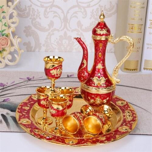 8Pcs/Set Retro Zinc Alloy Wine Cup Kettle Tray Kit Home Wedding Decor Container European Court Retro Lady Style Drinking Tools
