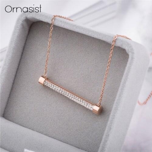 Shining Tube Crystal Titanium Steel Pendant Necklace Simple Geometric Clavicle Chain Short Necklaces Women Jewelry