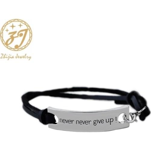 Zhijia never give up Bracelets Simple spuare Bangles Leather Bracelet Letter persistence Bracelet men Inspired excitation