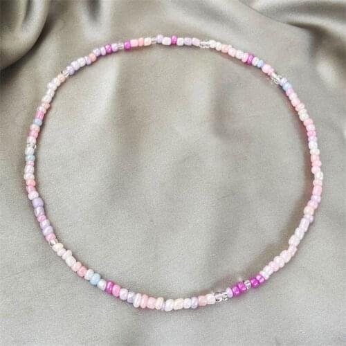 Handmade Beaded collarbone chain creative personality simple pink rice beads mixed with jewelry neck chain necklace female
