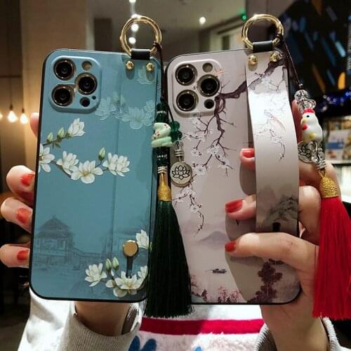 Wrist Strap Lanyard Tassel Phone Case For iphone X Xs XR 11 12 Pro Max Mini Case For iphone 7 8 6 6s plus TPU Holder Stand Cover