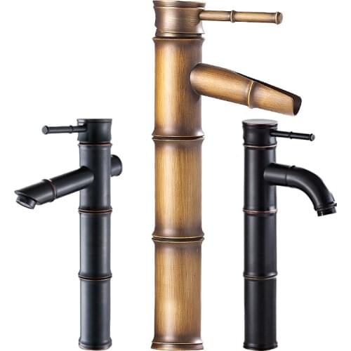 Black Brass Waterfall Bathroom Sink Faucet Vessel Tall Bamboo Water Tap Retro Single Hole Basin Faucets