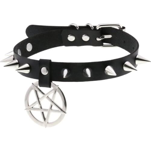 DAILOU Metal Spike PU Leather Collar Five-pointed Star Circle Pendant Punk Necklace Statement Jewelry for Women Neck Accessories