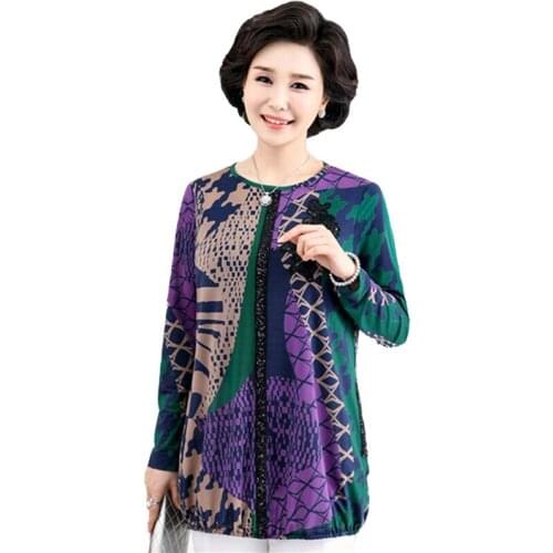 Middle Aged Female Plus Size T shirt Sequined Tops Print Oversized Chiffon Blouse Long Sleeve t-shirt Spring Womens Clothing