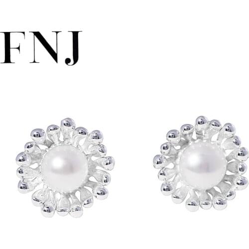 FNJ Natural Freshwater Pearl Earrings 925 Silver Original Pure S925 Sterling Silver Stud Earring Flower Women Jewelry