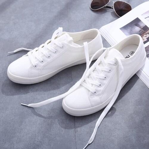 Classic White Canvas Shoes Women Casual Shoes Female Summer Woman Sneakers Lace-Up Flat Trainers Fashion Womens Vulcanize Shoe