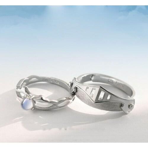 2Pcs Moonstone Princess and Knight Lover Matching Open Band Rings Kit Couple Rings Wedding Promise Ring Set Adjustable