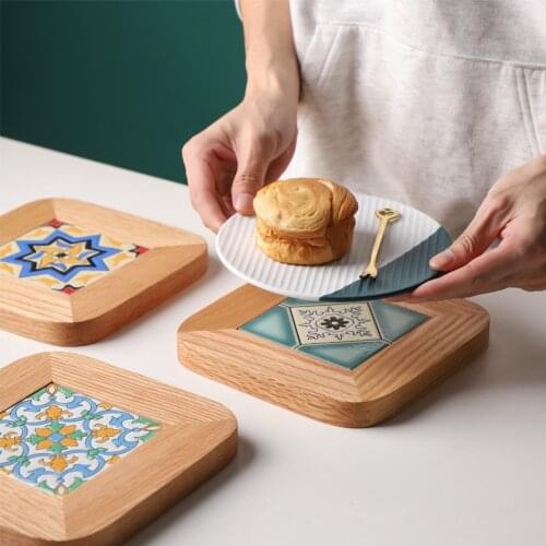 Japanese oak tile plate mat pot mat creative solid wood heat insulation pad pastoral dining table anti-scald wooden mat