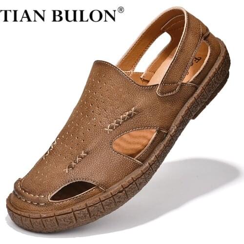 Summer Genuine Leather Men Casual Shoes Handmade Slip-on Men Loafers Luxury Brand Sandals Platform Driving Shoes Plus Size 38-46