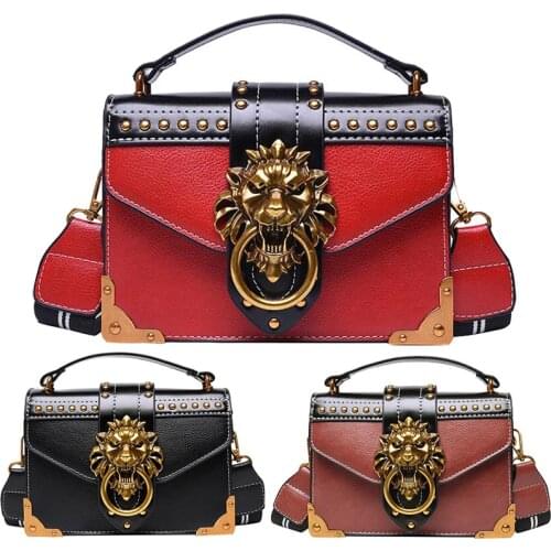 Fashion Women Metal Lion Handbags Crossbody Bags Totes Metal Lion Head Brand Rivet Square Shoulder Bags Purse Messenger Bag