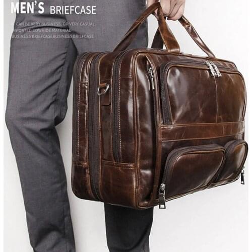 Mens Genuine leather briefcase Brown Double PC Pockets 17" Real cowhide leather tote laptop business shoulder bag Qigh quality