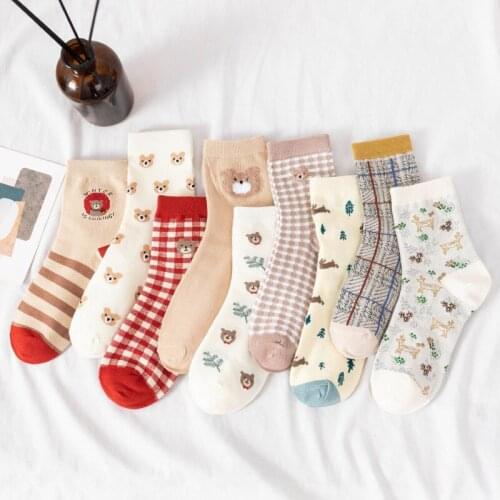 Japanese Cute Bear Girl Trend In Tube Socks Female Korean Spring and Autumn Red Plaid College Style Sweet Cotton Socks Stockings