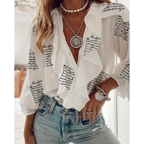 Wsevypo New Women Ruffles V-Neck Blouse Casual Fashion Solid/Letter//Plant Print Long Sleeve Pullover Tops Plus S-3XL