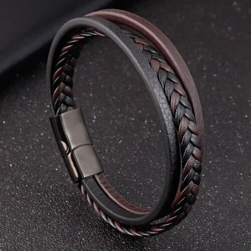 Simple Luxury Style Leather Combination Splicing Mens Leather Bracelet Titanium Steel Mens Student Hand Jewelry Fashion