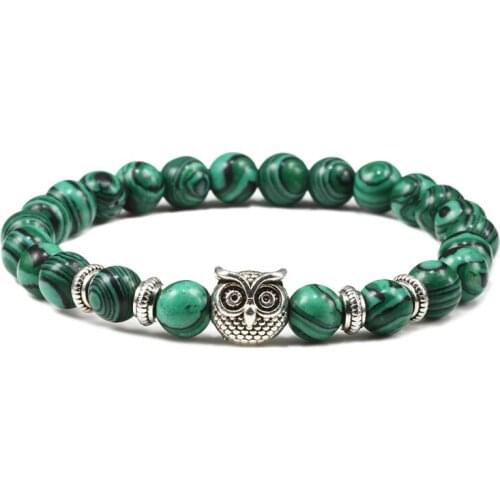 Multi-colour 8mm Beaded Bracelet Natural Stone Tiger Eye Volcanic Rock Woven Bracelets&Bangles Silver Openwork Owl Charm Jewelry