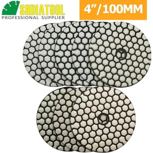 SHDIATOOL 8pcs 4"/100mm Dry Diamond Polishing Pads Resin Bond Flexible Sanding Disk Or 8pcs Pads + 1pc M14 Backer For Polisher