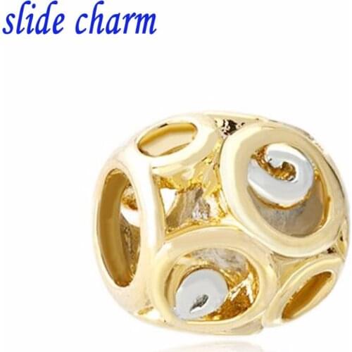 Slide charm Free shipping genuine gold, hollow beads fit Pandora bracelet charm bracelets and jewelry accessories