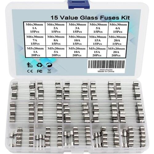 250 Pcs/set Glass Tube Fuse 15 Values Quick Blow Fuse 5*20mm 6*30mm 1A 2A 3A 5A 6A 7A 8A 10A 15A 20A Glass fuse Fast-Blow 250V