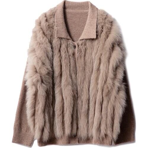 Loose lazy style womens knitted cashmere mid-length coat Danish blue fox fur wool sweater cardigan real fur jacekt