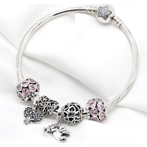 Solid 925 Sterling Silver Bracelet Round Pink Hearts Cupid Wisdom Tree Charms Bead DIY Jewelry Gift For Mom Romantic Luxury Gift
