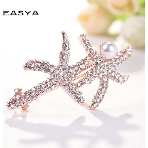 EASYA Gold Color Double Starfish Hairpin Hairwear Hair Accessories Fashion Women Crystal Simulated Pearl Hair Clips