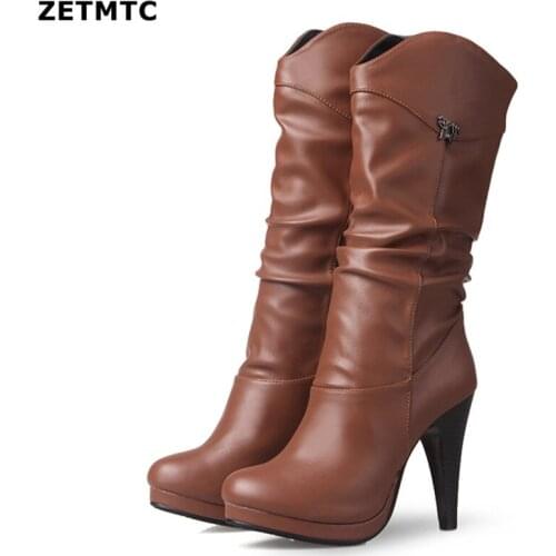 2019 fashion embossed microfiber leather women boots pointed toe western cowboy boots women mid-calf chunky wedges boots runway