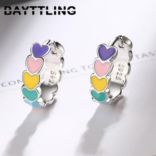 BAYTTLING 925 Sterling Silver Hot Sale 15MM Color Heart Hoop Earrings For Women/Lady Wedding Party Jewelry Christmas Gifts