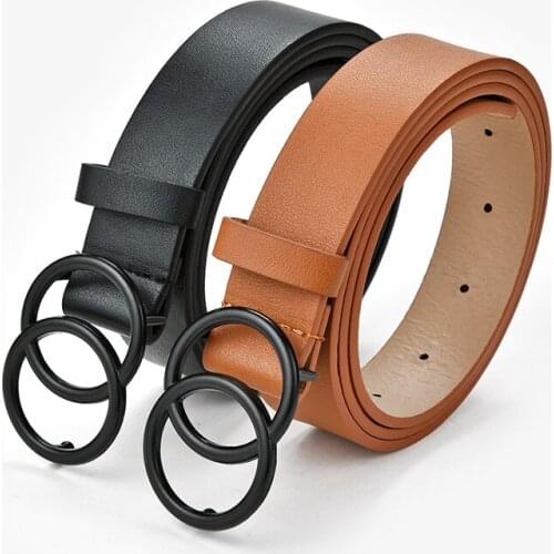 European and American new style double circle black buckle ladies belt solid color fashion decoration jeans belt