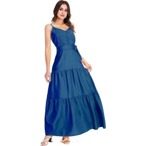 Female Temperament Button V-Neck Sleeveless Sling Ladies Dress 2021 Summer Pure Color Ladies Elegant Long Womens Dresses NBH251