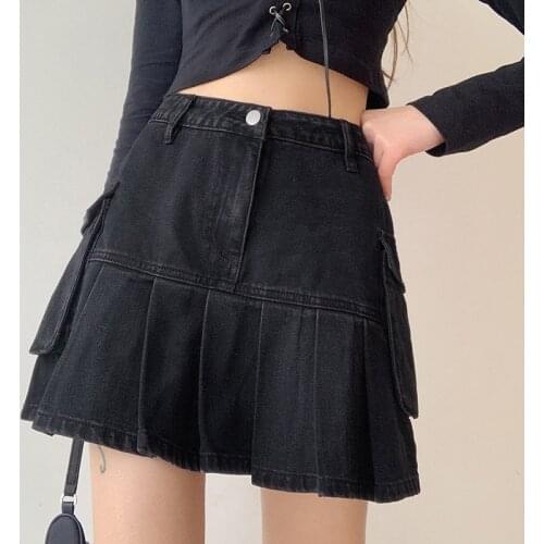 2021 womens denim skirt fashion personality commuter pocket stitching pleated skirt solid color high waist denim skirt skirt