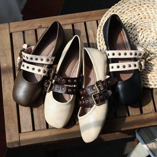 Brand leather fairy ballet shoes, shallow mouth new single shoe, spring 2020, retro flat sole buckle with square head shoes