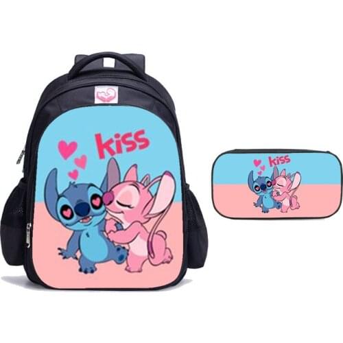 Disney Stitch School Bags 16 Inch 2pcs/set for Boys Girls Teenagers School Backpack School Supplies Bookbag Lovely Satchel