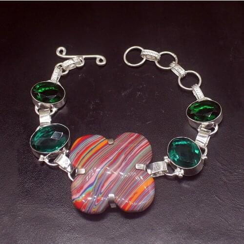 Gemstonefactory Jewelry Big Promotion Single Unique 925 Silver Stripe Jasper Green Topaz Lady Women Charm Bracelet 19cm 20213223